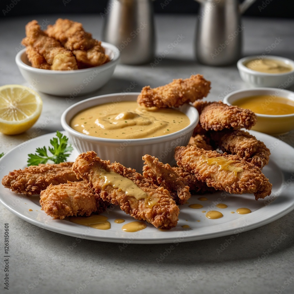 Crispy Fried Chicken Tenders with Dipping Sauce for your background business, poster, wallpaper, banner, backdrop, greeting cards, and advertising for business entities or brands Crispy Fried Chicken Tenders with Dipping Sauce for your background business, poster, wallpaper, banner, backdrop, greeting cards, and advertising for business entities or brands