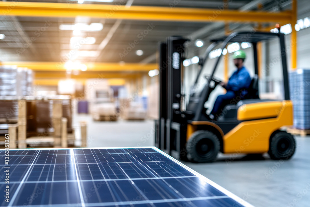 A solar panel in focus with a warehouse worker operating a forklift in the background, showcasing industry and renewable energy. A solar panel in focus with a warehouse worker operating a forklift in the background, showcasing industry and renewable energy.