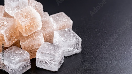 Crystallized sugar cubes on dark background, food photography photo