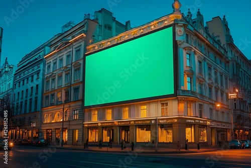 Empty Green Screen Billboard Adornes Historic European City at Night photo