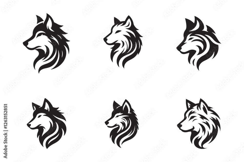 Obraz premium set of wolf head illustrations in black and white, vector style, perfect for logos or tattoos