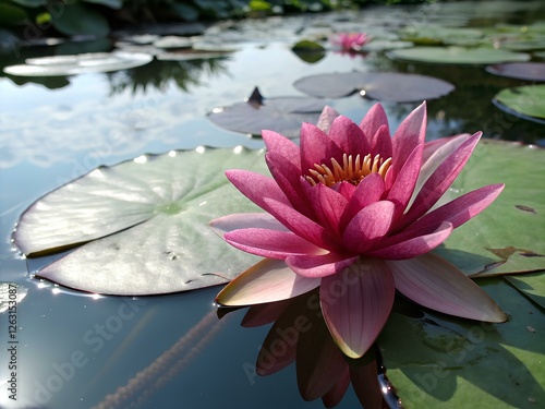 A stunning pink water lily floats gracefully on a calm pond, reflecting the vibrant colors of nature. Lush green leaves complement the tranquil setting during daytime. photo