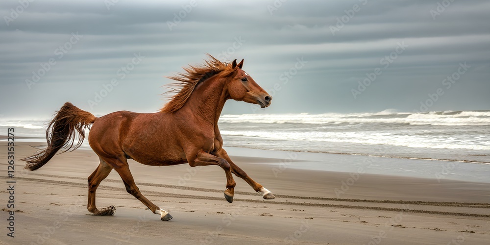 A brown horse runs freely along the shoreline, its mane flowing in the wind as waves crash upon the sandy beach under a cloudy sky. A brown horse runs freely along the shoreline, its mane flowing in the wind as waves crash upon the sandy beach under a cloudy sky.