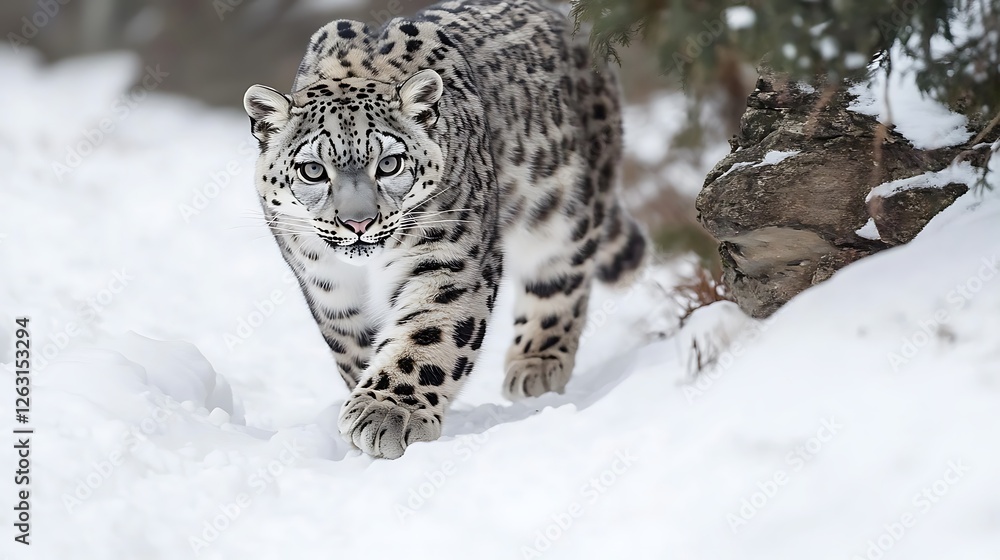 Obraz premium Snow leopard walking on a snowy mountain, rare and beautiful,