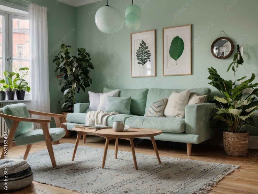 Obraz premium Serene Green Living Room With Plants And Sofa