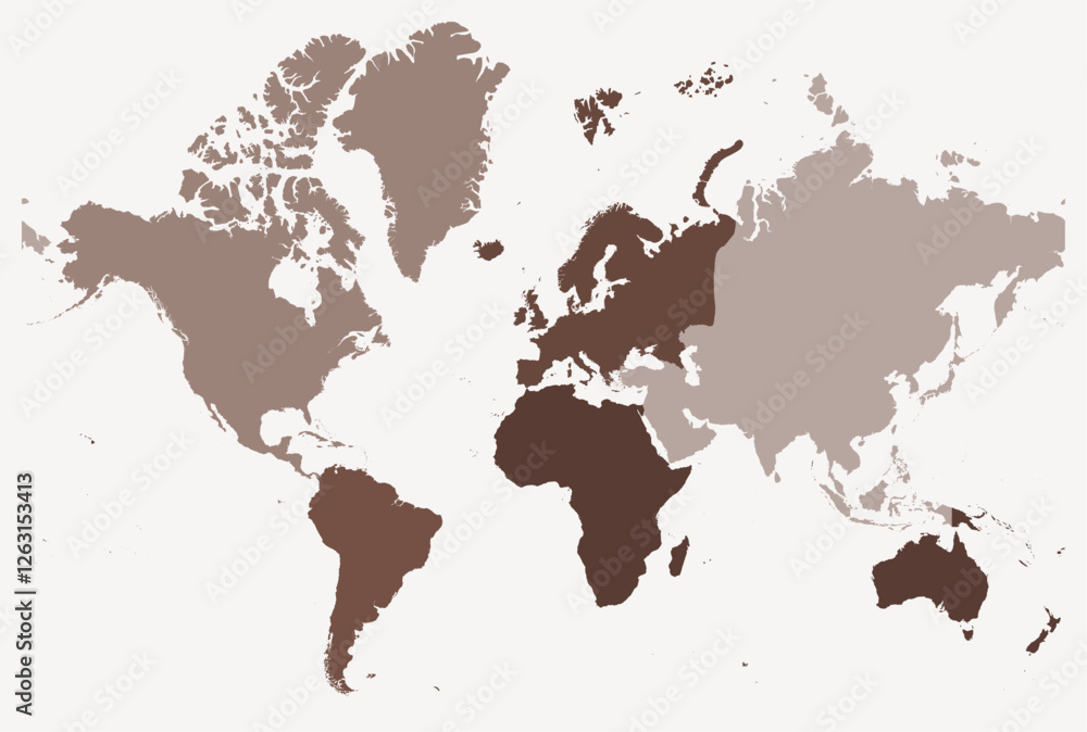 Obraz premium Map of the World. A simple border map with continent division. Brown color palette. Plain map with administrative division. Vector illustration.