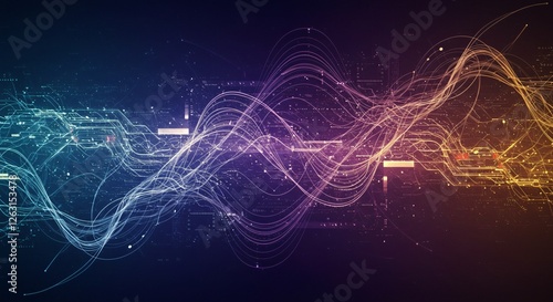 A futuristic digital network with glowing blue and gold energy waves, symbolizing AI, data transfer, cyber connections, and quantum computing in a high-tech virtual space.