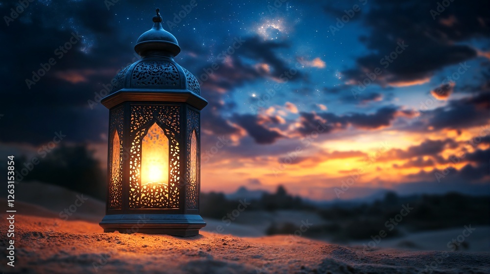 A lantern sitting on a sandy beach at sunset. A lantern sitting on a sandy beach at sunset.