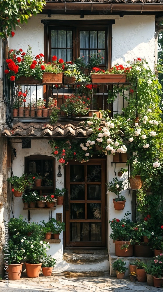 Naklejka premium the house with the many potted plants and flowers on it.