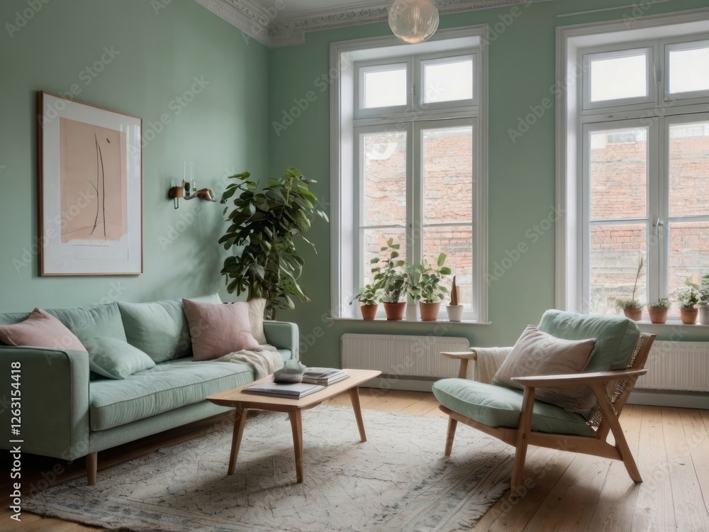 Fototapeta premium Sage Green Living Room With Wooden Furniture And Plants