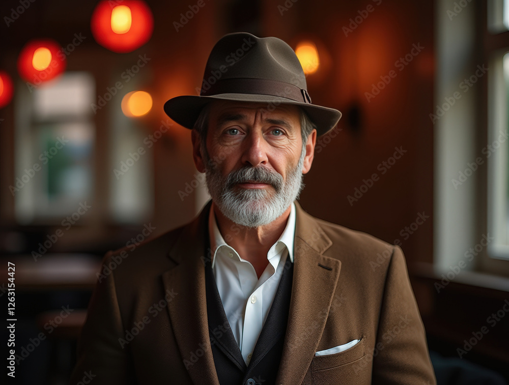Man in a brown suit and hat poses quietly in a cozy cafe environment Man in a brown suit and hat poses quietly in a cozy cafe environment