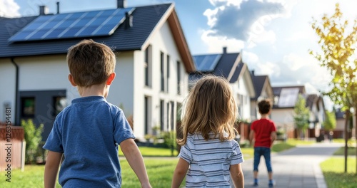 Children playing in a park within a housing estate, with solar panels visible on adjacent homes