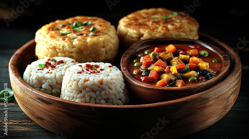 Indonesian lontong sayur with rice cakes, spicy vegetable curry, and fried tempeh, served in a traditional wooden bowl 