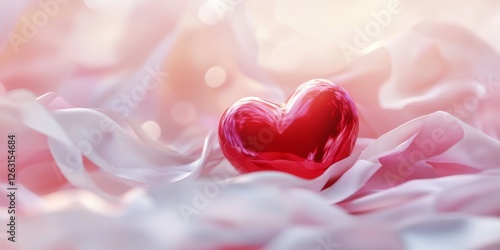 A glossy red heart resting on flowing pink silk fabric with a soft bokeh background, creating a dreamy and romantic atmosphere perfect for Valentine’s Day moments