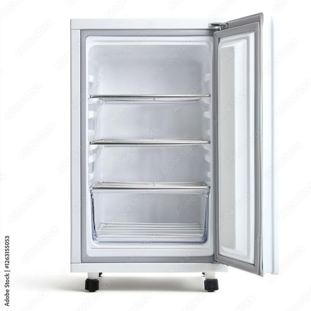 White Commercial Refrigerator with Open Door for Bakery Equipment, Bakery equipment and tools concept. White Commercial Refrigerator with Open Door for Bakery Equipment, Bakery equipment and tools concept.
