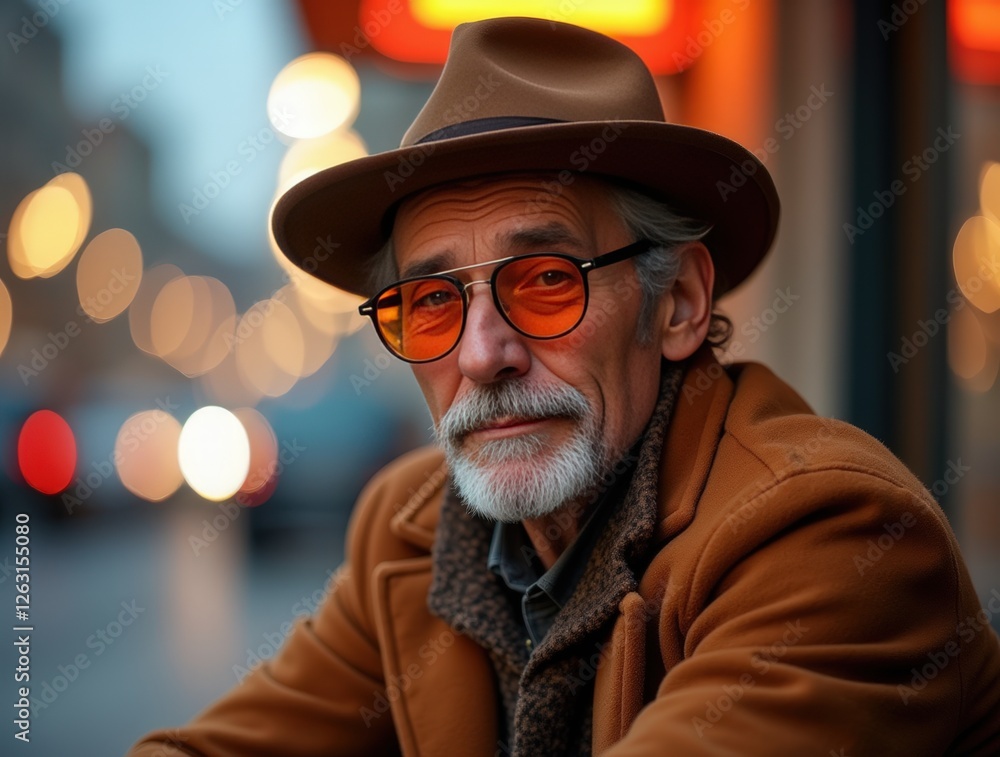 Stylish elderly man with unique sunglasses enjoying urban ambiance Stylish elderly man with unique sunglasses enjoying urban ambiance