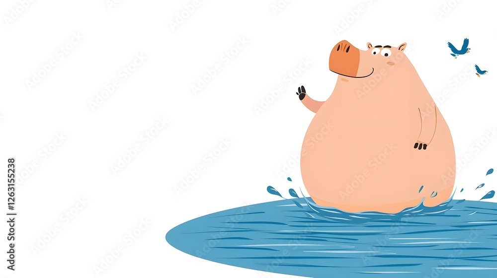 Fototapeta premium Cute Cartoon Hippo in Water Splashing with Playful Birds Surrounding
