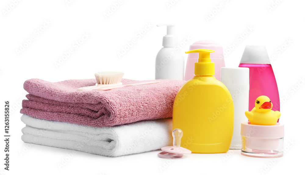 Baby cosmetic products and bath accessories isolated on white Baby cosmetic products and bath accessories isolated on white