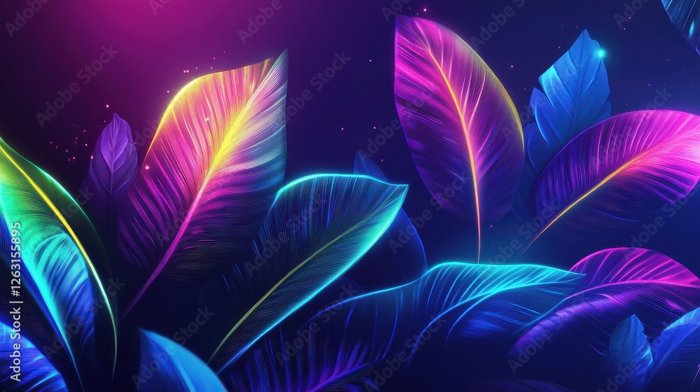 Naklejka premium Neon Tropical Leaves Glowing in Bold Colors