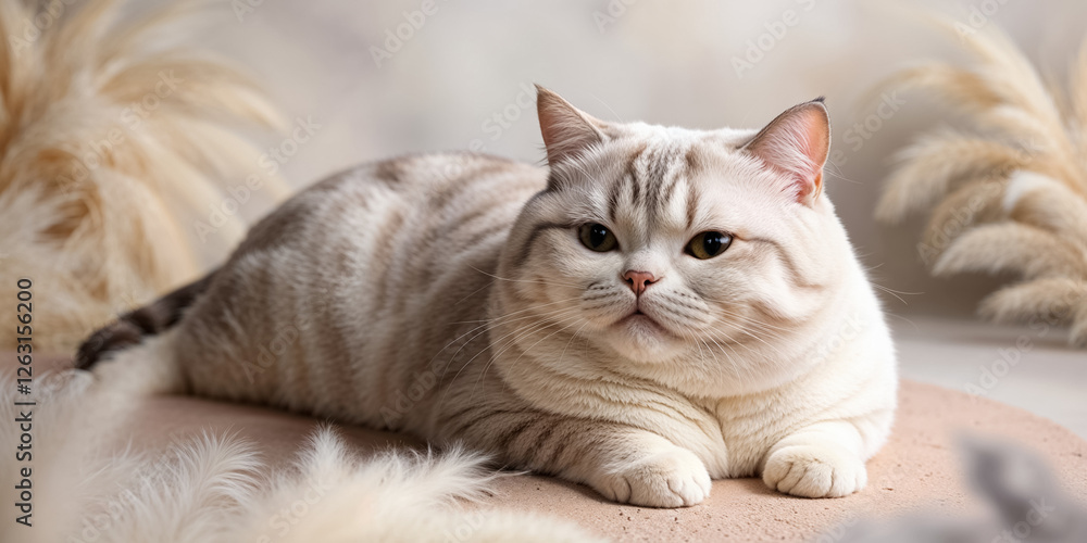 Fototapeta premium White fat cat animal lying resting pet relax pastel light background