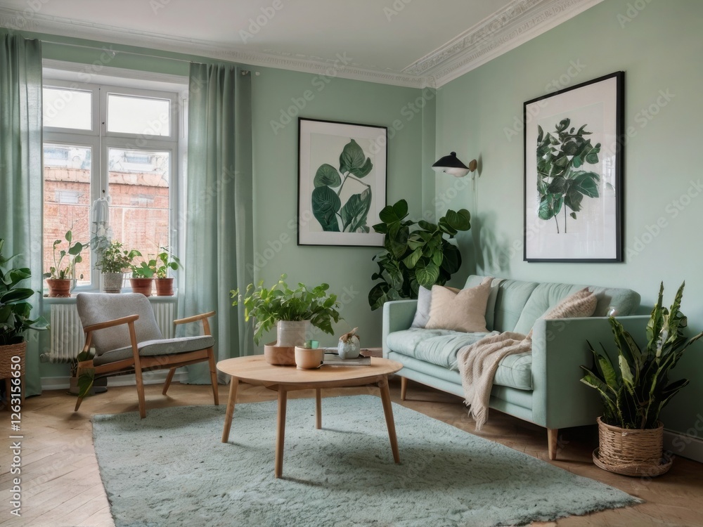 Fototapeta premium Sage Green Living Room Decor With Plants And Natural Light