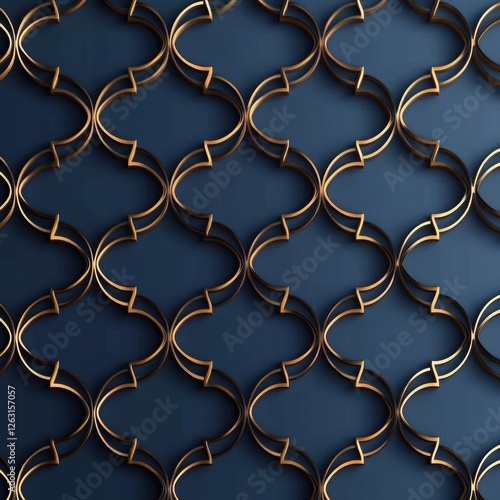 Elegant Islamic geometric design with gold accents on navy blue backdrop. Generative AI