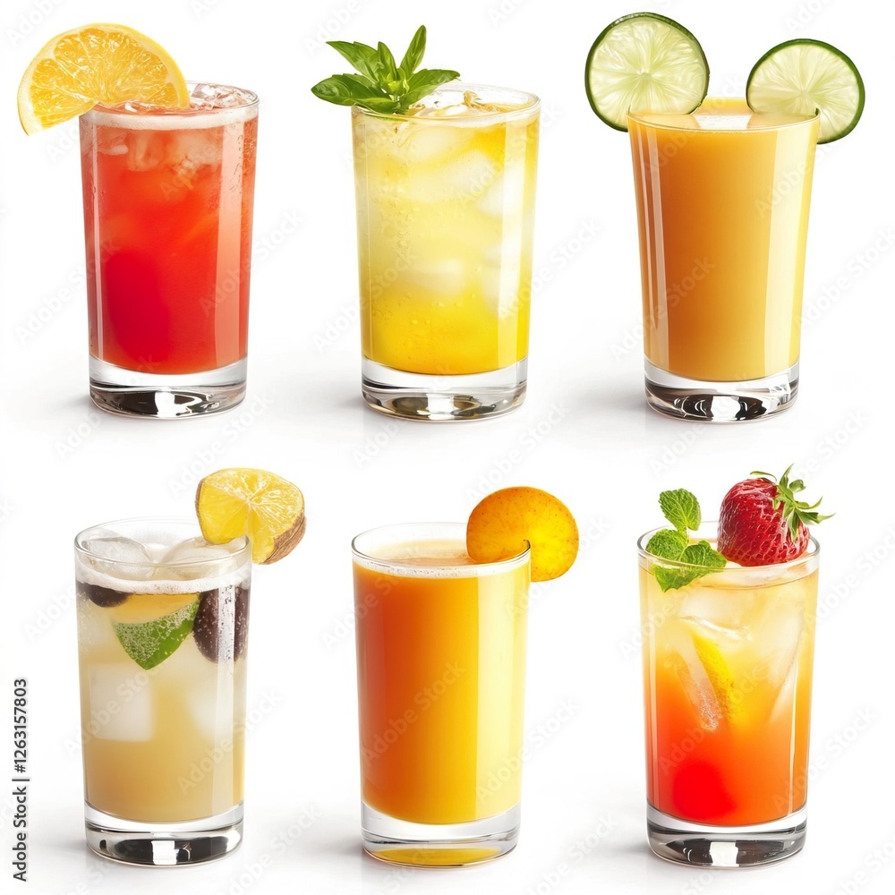Fresh Fruits and Colorful Beverages in Tall Glasses on White Background, Coffee and Food Equipment Concept. Fresh Fruits and Colorful Beverages in Tall Glasses on White Background, Coffee and Food Equipment Concept.