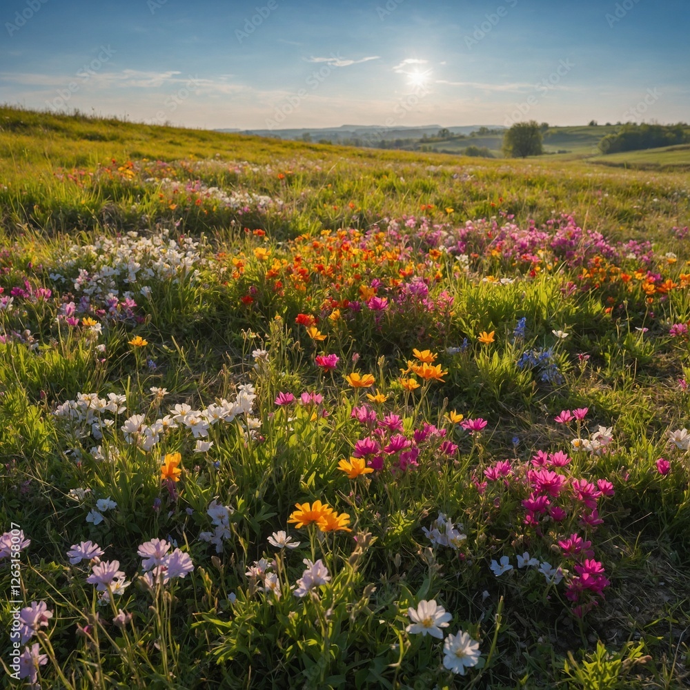 Obraz premium A bright meadow bursting with spring flowers under a cloudless sky.