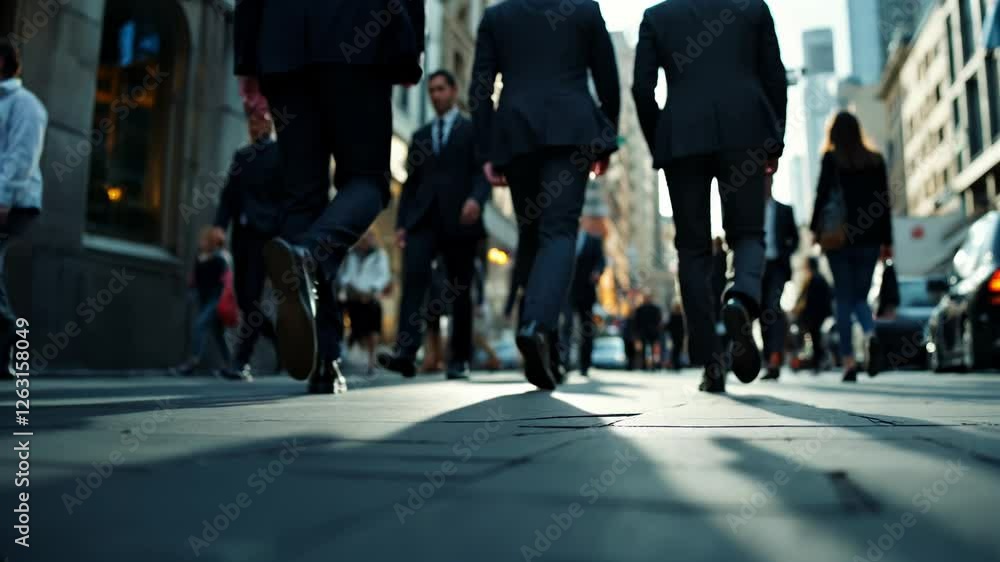 Busy city street: business professionals walking during rush hour in urban setting