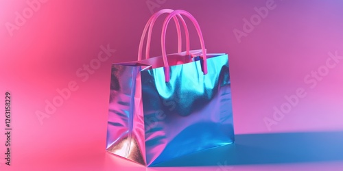 Captivating blue and pink holographic shopping bag set against a mesmerizing pink-purple gradient backdrop. Its upper half leans elegantly to the left, inviting intrigue and allure photo