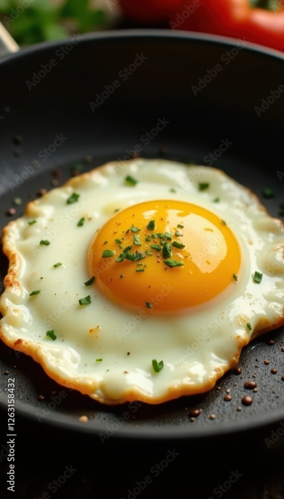 Golden fried egg, sunny-side up, sizzling in pan, golden, classic Golden fried egg, sunny-side up, sizzling in pan, golden, classic