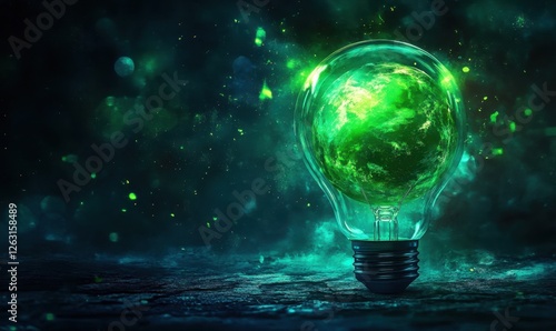 Illuminated Earth in a lightbulb, glowing green photo