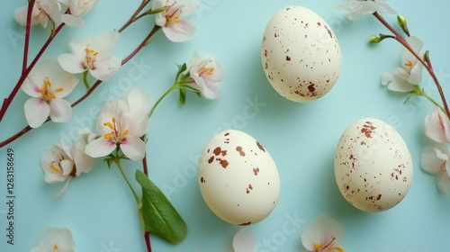 Easter Eggs and Flowers Flat Lay on Pastel Blue