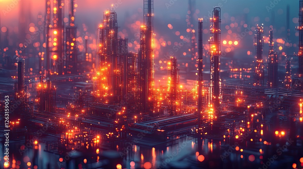 Naklejka premium Illuminated Industrial Complex Night Scene