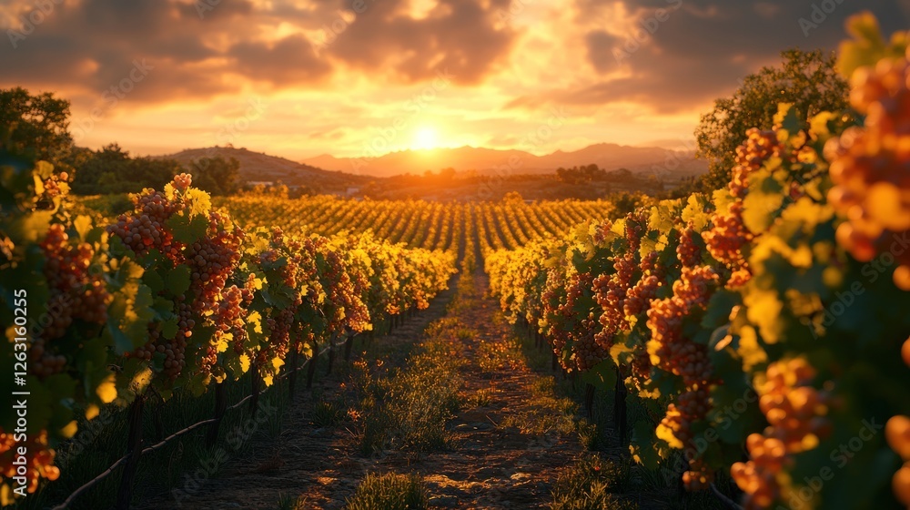Fototapeta premium Golden Hour Vineyard Sunset Grapes Rows