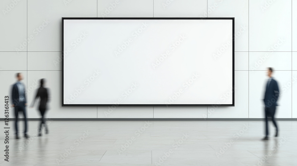 Large empty billboard in modern gallery with people walking nearby Large empty billboard in modern gallery with people walking nearby