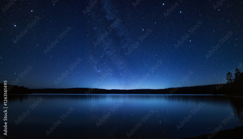 Shimmering stars over a tranquil lake with calm water and a starry night sky Shimmering stars over a tranquil lake with calm water and a starry night sky