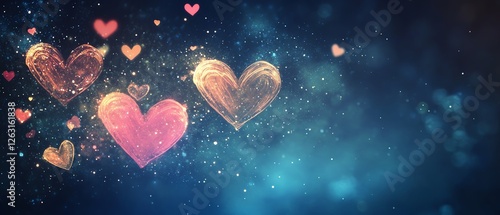 Shimmering heart trails on a night sky background.