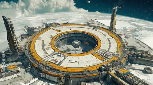 Fototapeta Naklejka Na Ścianę i Meble -  Orbital Space Station Design: Futuristic 3D Render of a Circular Habitation Module AI Generated
