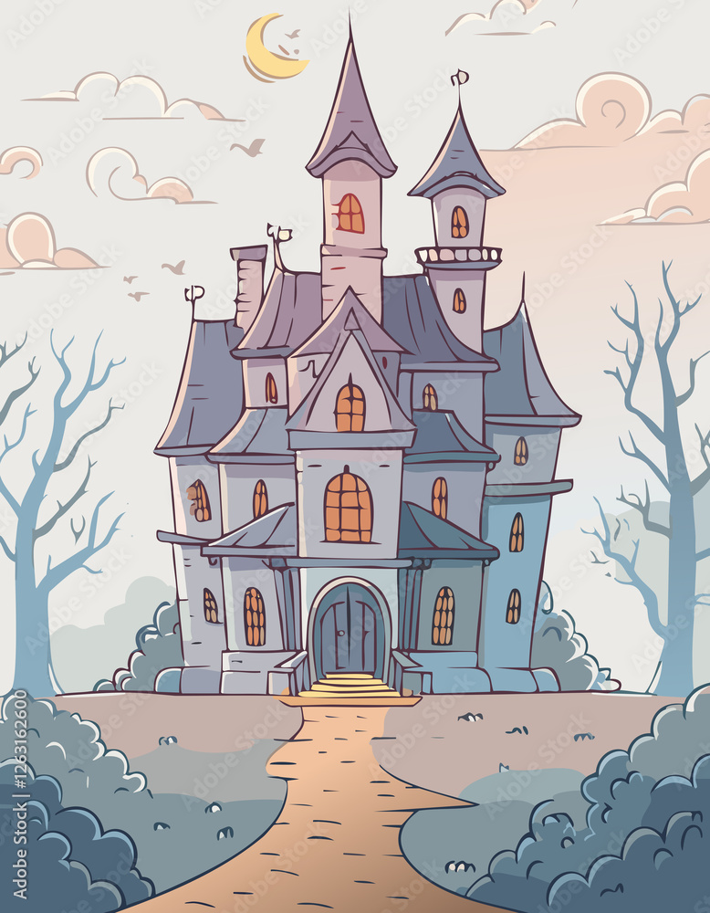Fototapeta premium Spooky Haunted Castle with Glowing Windows Under a Crescent Moon