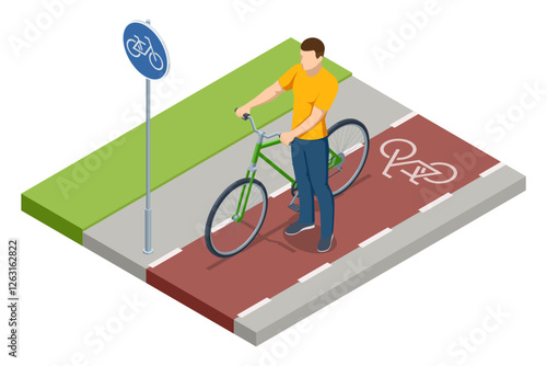 An isometric, vector illustration of a cyclist standing on a designated bicycle path. The red cycling lane is marked with a bike sign and road markings for safe urban transport
