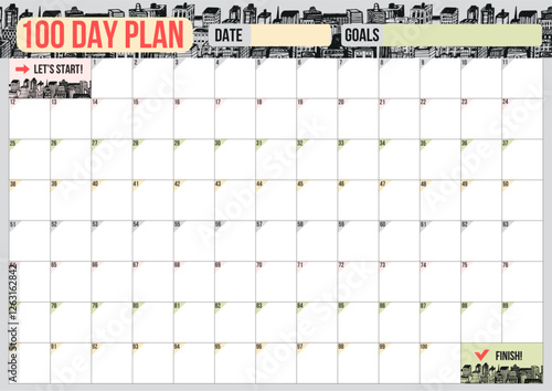 100 Days Challenge Habit, Retro Urban Large Wall Planner Schedule Goal. Vintage Calendar Template. Daily tracker with motivation word and goals. Plan your day make dream happen. Habit Tracker. Vintage