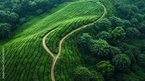 Serene Tea Plantation Landscape, Winding Path 