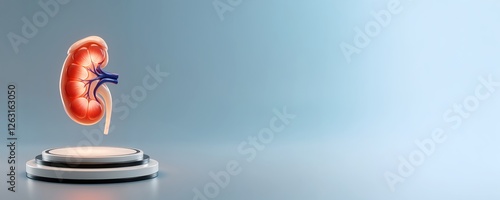 Kidney anatomy on podium. Medical, urology concept. Healthcare for banner, flyer, advertising, poster. Light blue backdrop with copy space.