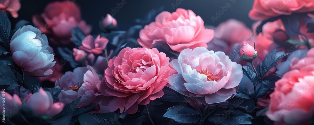Close-up of colorful peonies and roses against a dark background Close-up of colorful peonies and roses against a dark background