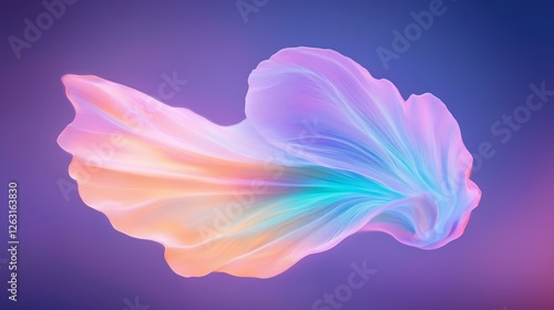 Vibrant abstract flowing shape in pastel rainbow colors on blue gradient background