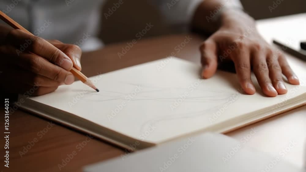 A person seated at a desk, slowly sketching abstract patterns in a notebook. A person seated at a desk, slowly sketching abstract patterns in a notebook.