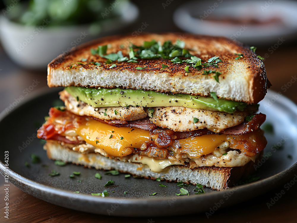 a grilled sandwich with layers of chicken, avocado, tomato, and melted cheese, topped with fresh herbs and served on a wooden board. a grilled sandwich with layers of chicken, avocado, tomato, and melted cheese, topped with fresh herbs and served on a wooden board.