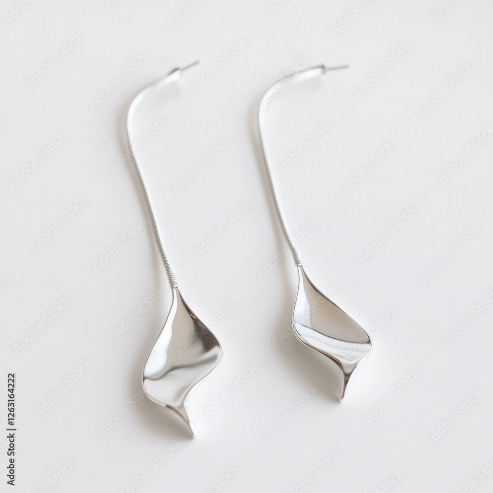 Elegant silver abstract earrings with fluid design - minimalist jewelry on white background Elegant silver abstract earrings with fluid design - minimalist jewelry on white background