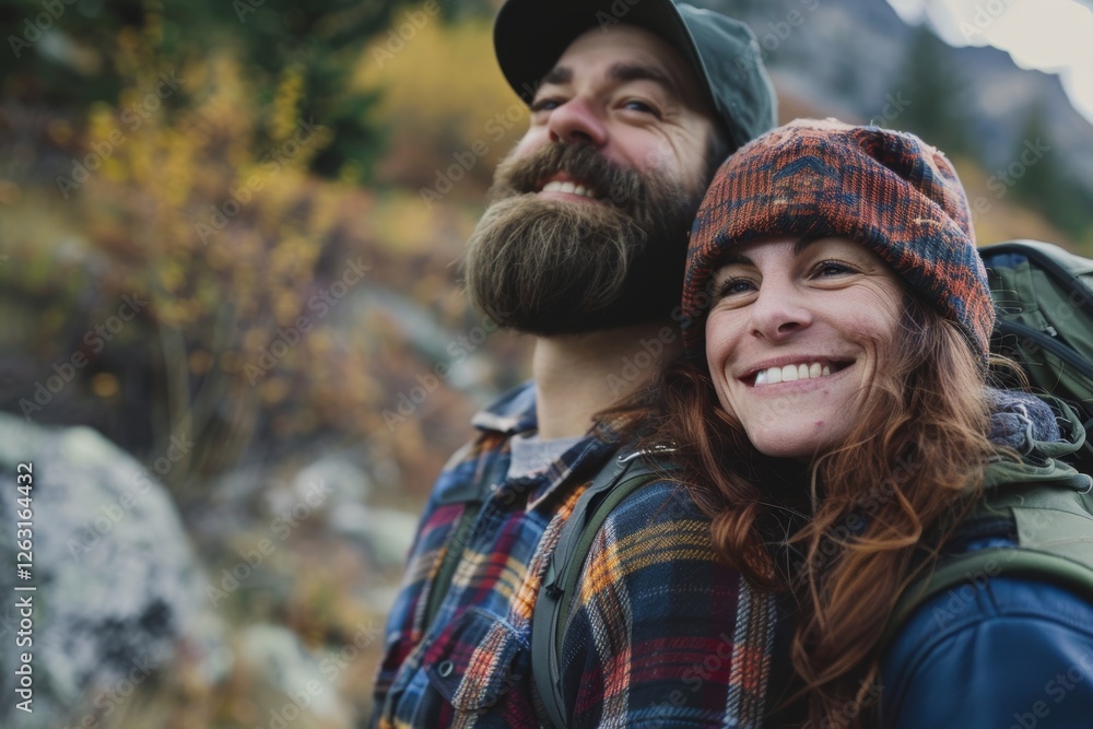 Fototapeta premium Portrait of a satisfied caucasian couple in their 30s going on a hike in nature